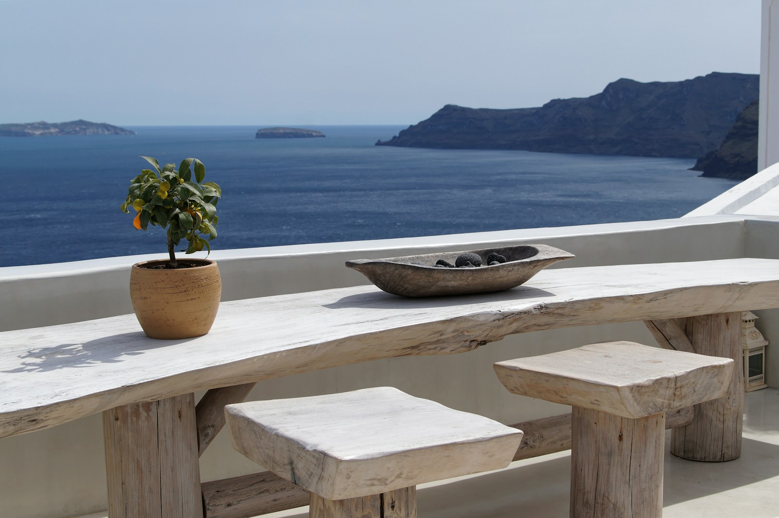 Terrace of a Greek island home overlooking the Aegean Sea