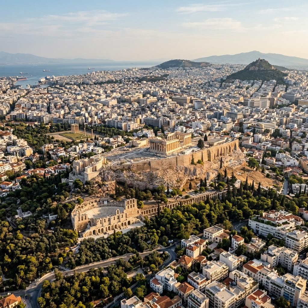 Aerial view of Athens with the Acropolis and Parthenon