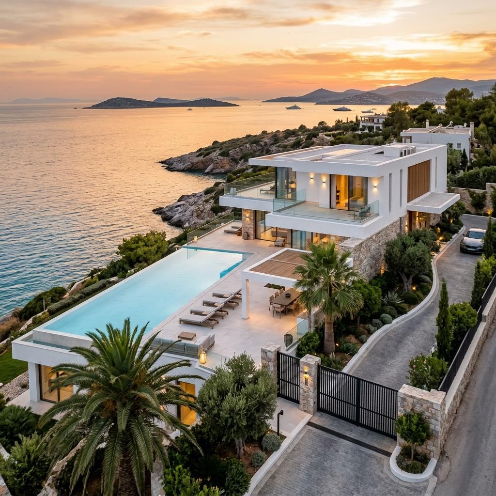 Contemporary luxury villa on the Athenian Riviera with pool overlooking the Saronic Gulf
