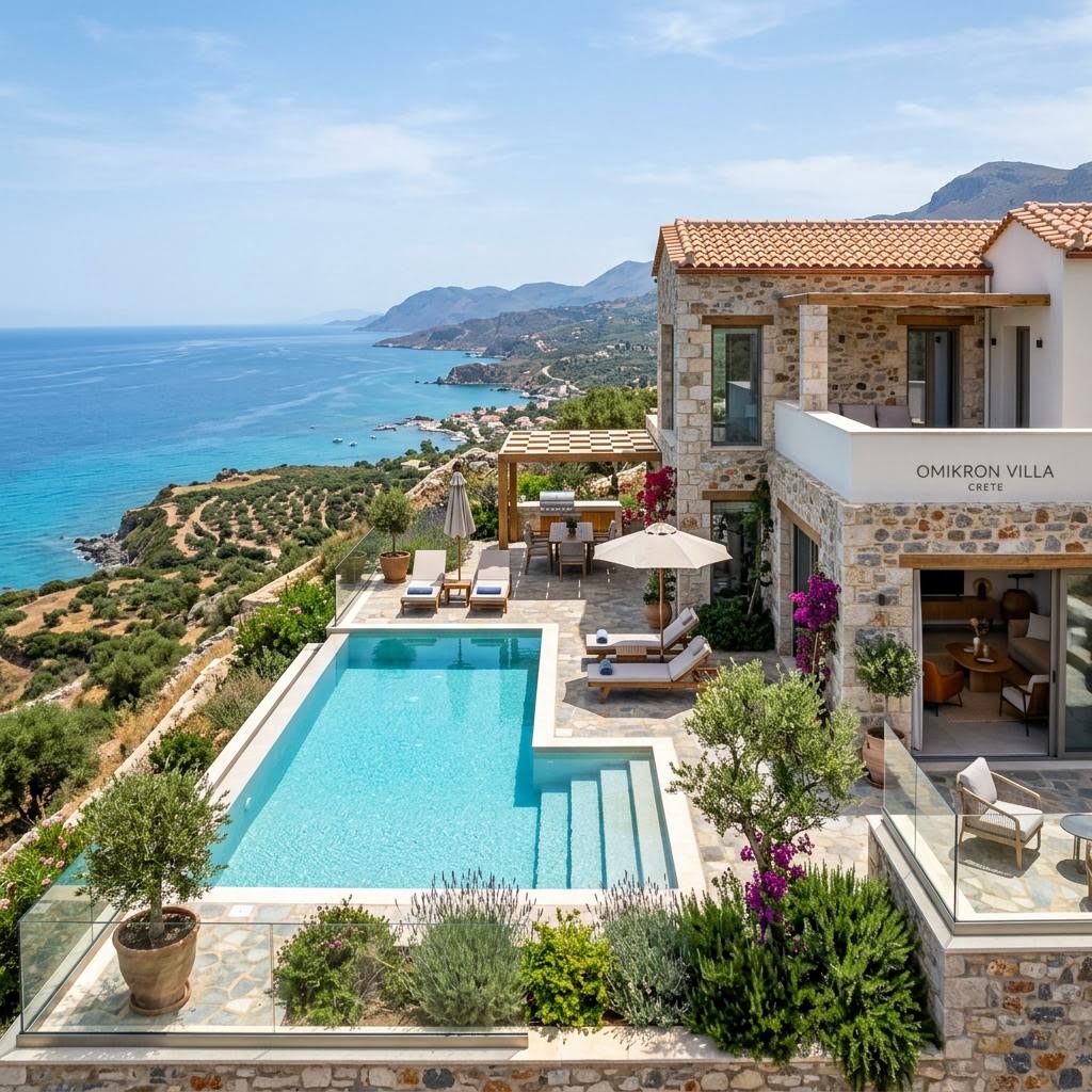 Luxury villa on a Crete hillside with panoramic sea views and private pool